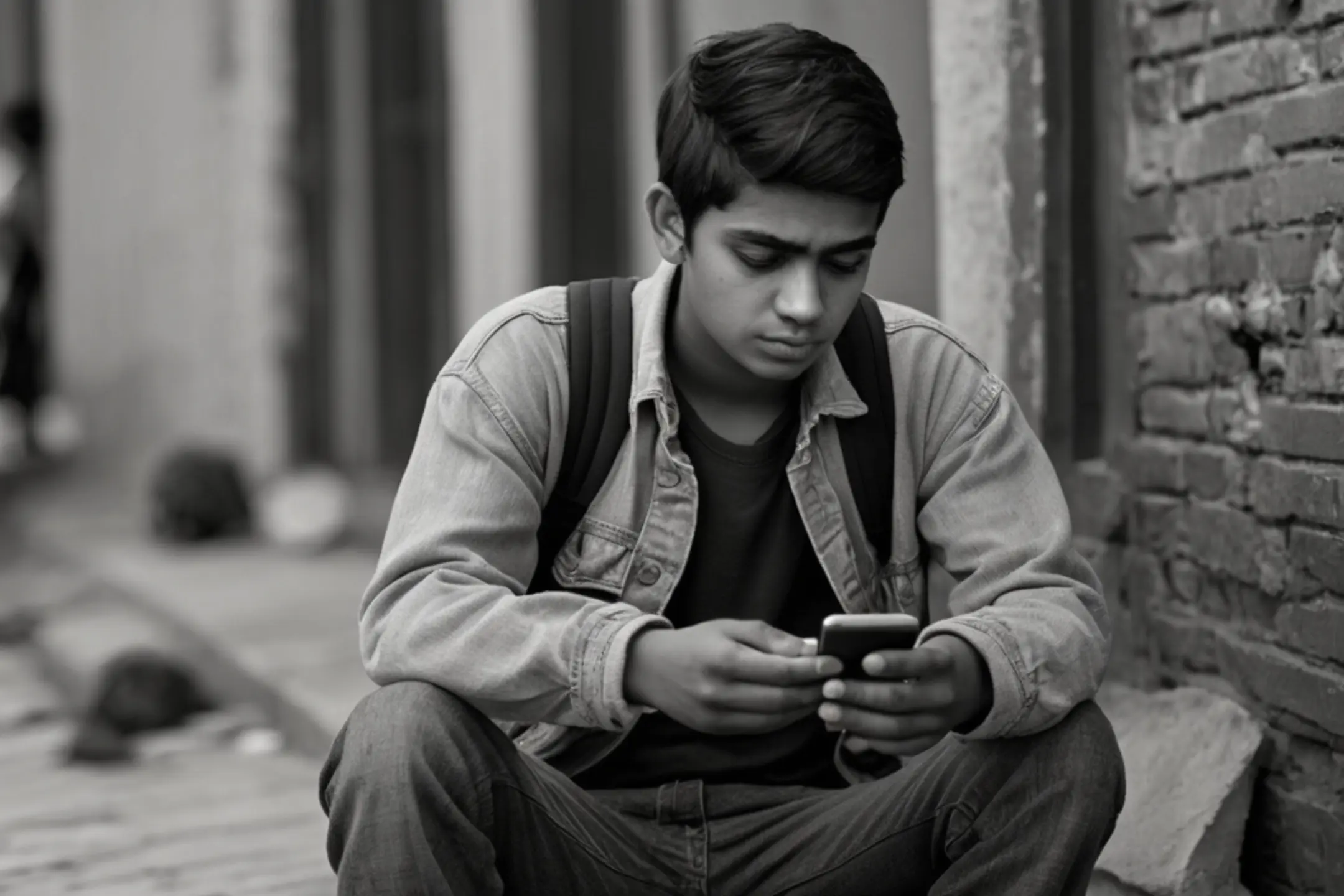 A young Indian student sitting on a street, looking worried at his phone — representing unemployment and lack of digital skills before joining VedMark Academy